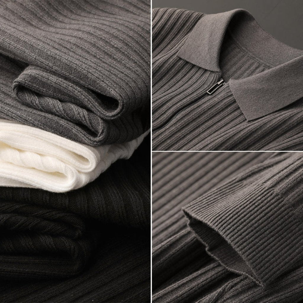 Pull à Col Rabattu en Maille Côtelée à Demi-Zip pour Homme | Pull d’Hiver Chaud