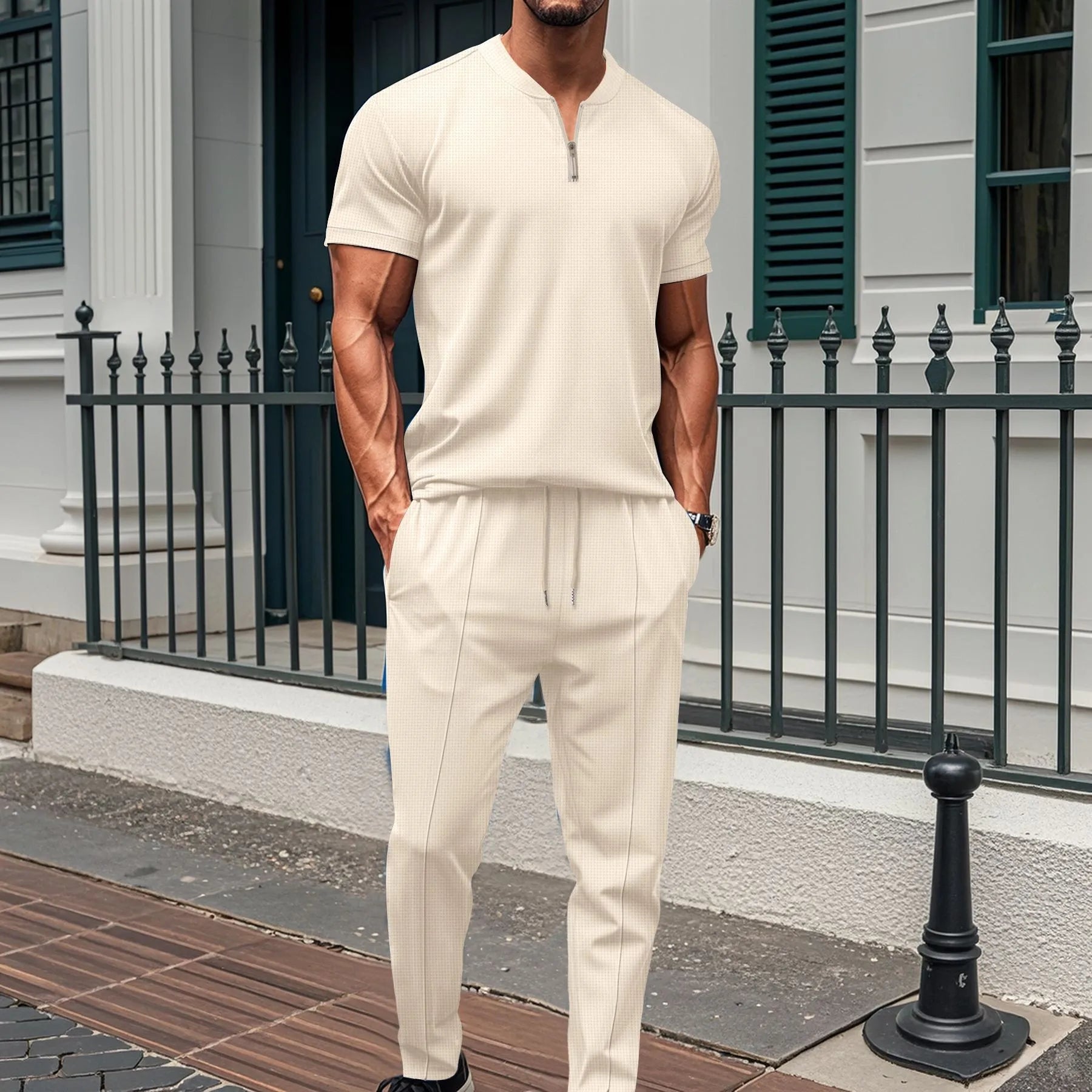 Bellini | Ensemble Polo Zippé et Pantalon en Maille Waffle