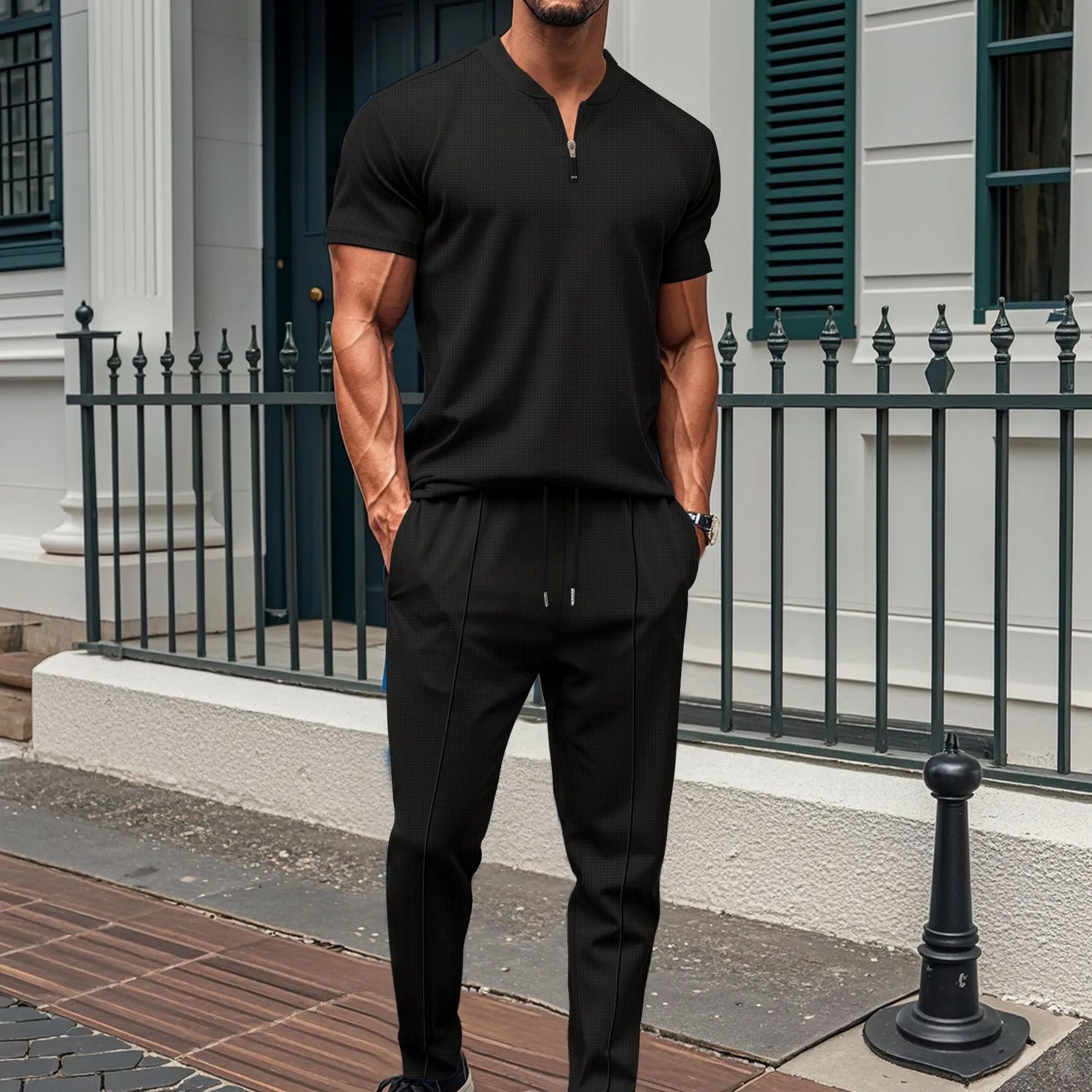 Bellini | Ensemble Polo Zippé et Pantalon en Maille Waffle