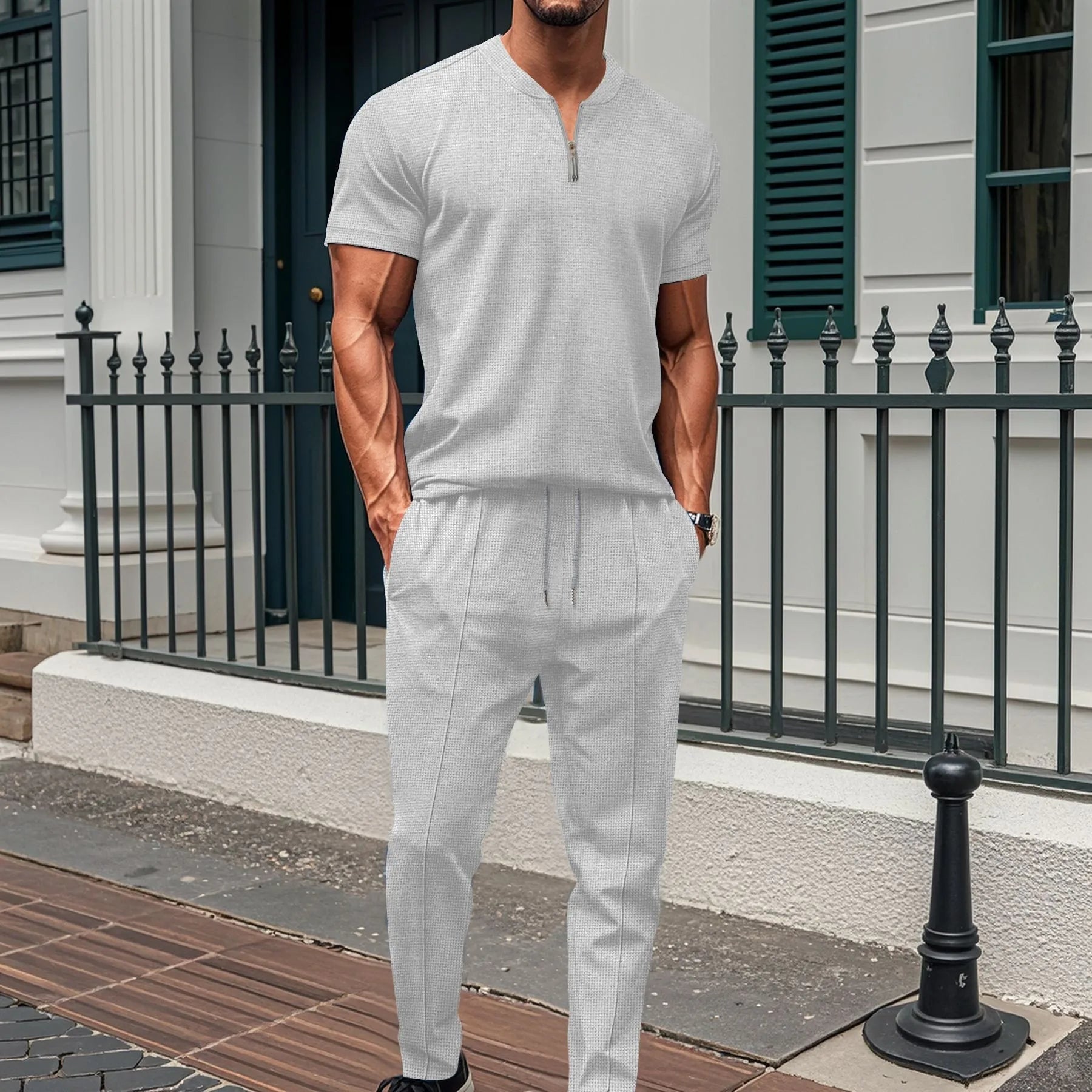 Bellini | Ensemble Polo Zippé et Pantalon en Maille Waffle