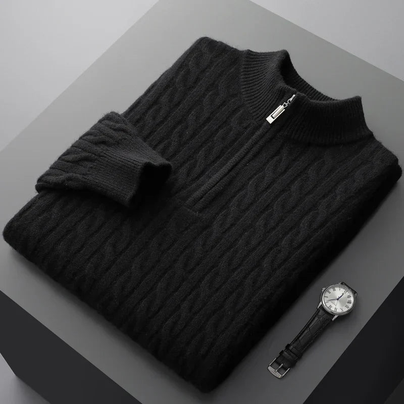 Pull Classique en Maille Torsadée à Demi-Zip pour Homme | Pull d’Hiver Chaud