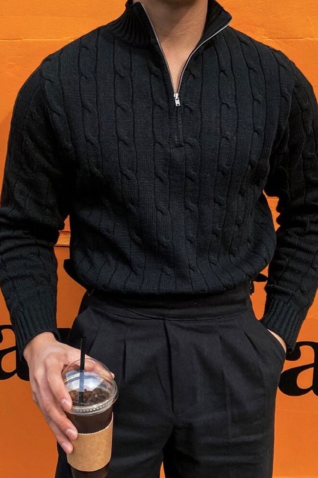 Pull d’Hiver à Manches Longues en Maille Torsadée à Demi-Zip pour Homme | Pull Classique et Chaud